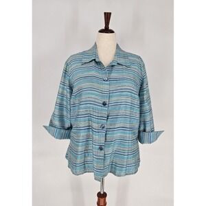 VTG Y2K Austin‎ Reed Button Up Shirt Women 16W Blue Striped Silk Blend Collared